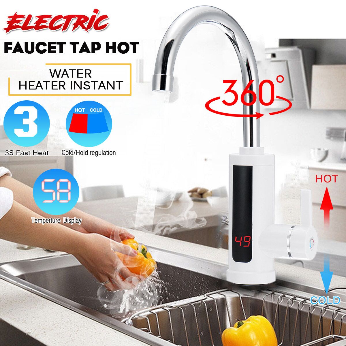 (Portrait Screen) Hot & Cold Dual-use 360&deg; Electric Heater LED Faucet Tap Instant Hot Water Bathroom Kitchen Fast Heat 220V-Stainless Steel White