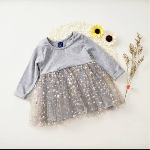 Girl Dress With Mini Star- Grey