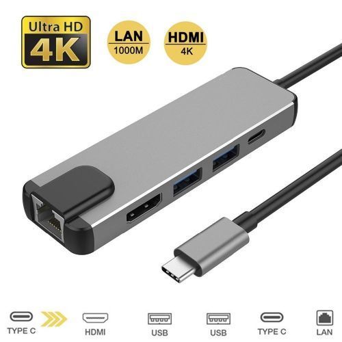 5 In 1 USB Type C Hub HDMI Rj45 Lan Adapter For Macbook Pro Thunderbolt 3, USB C To Gigabit Ethernet Adapter USB-C Charger Port