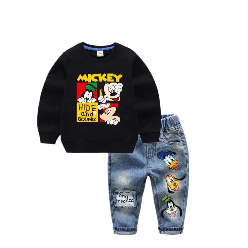 Mickey Baby Boys Girls Clothes Set Kids Boy Long-Sleeved Clothing Pullover Sweater+Jeans Pants 2Pcs Autumn Cartoon Sport Suit XYX(#Black)