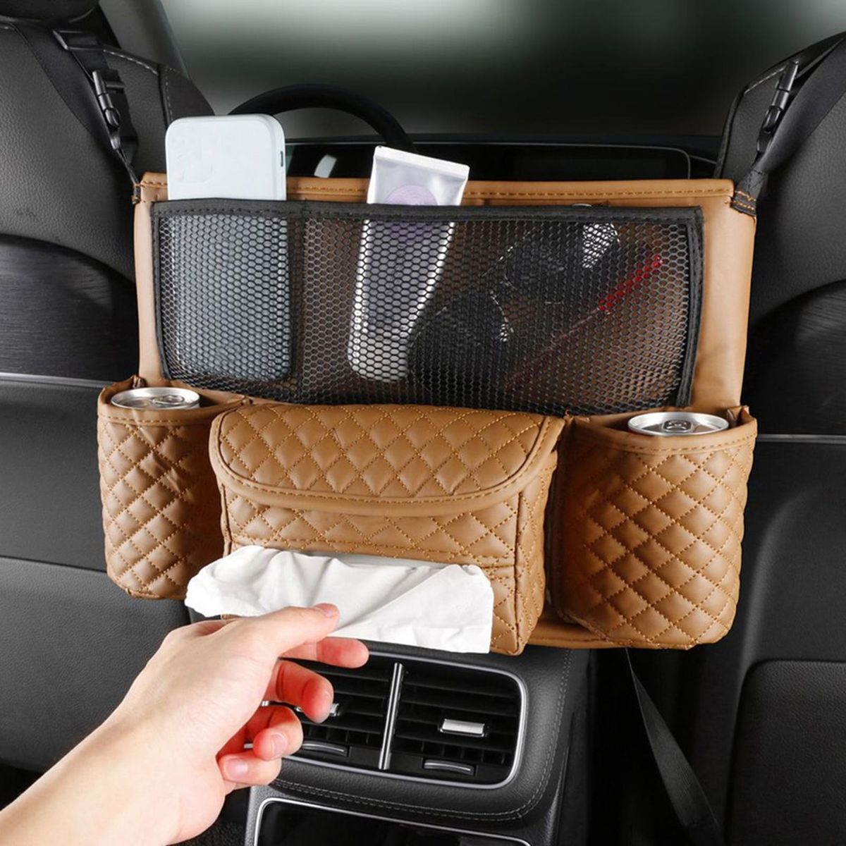 Car Organizer Car Faux Leather Multi Pockets Central Control Storage Bag Brown