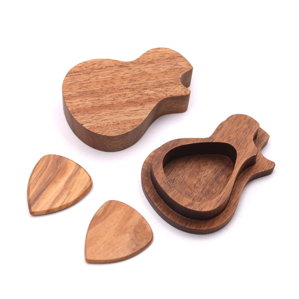 Delicate Wooden Guitar Pick Set Plectrum Storage Holder Case Box with 2pcs Guitar Picks Wood