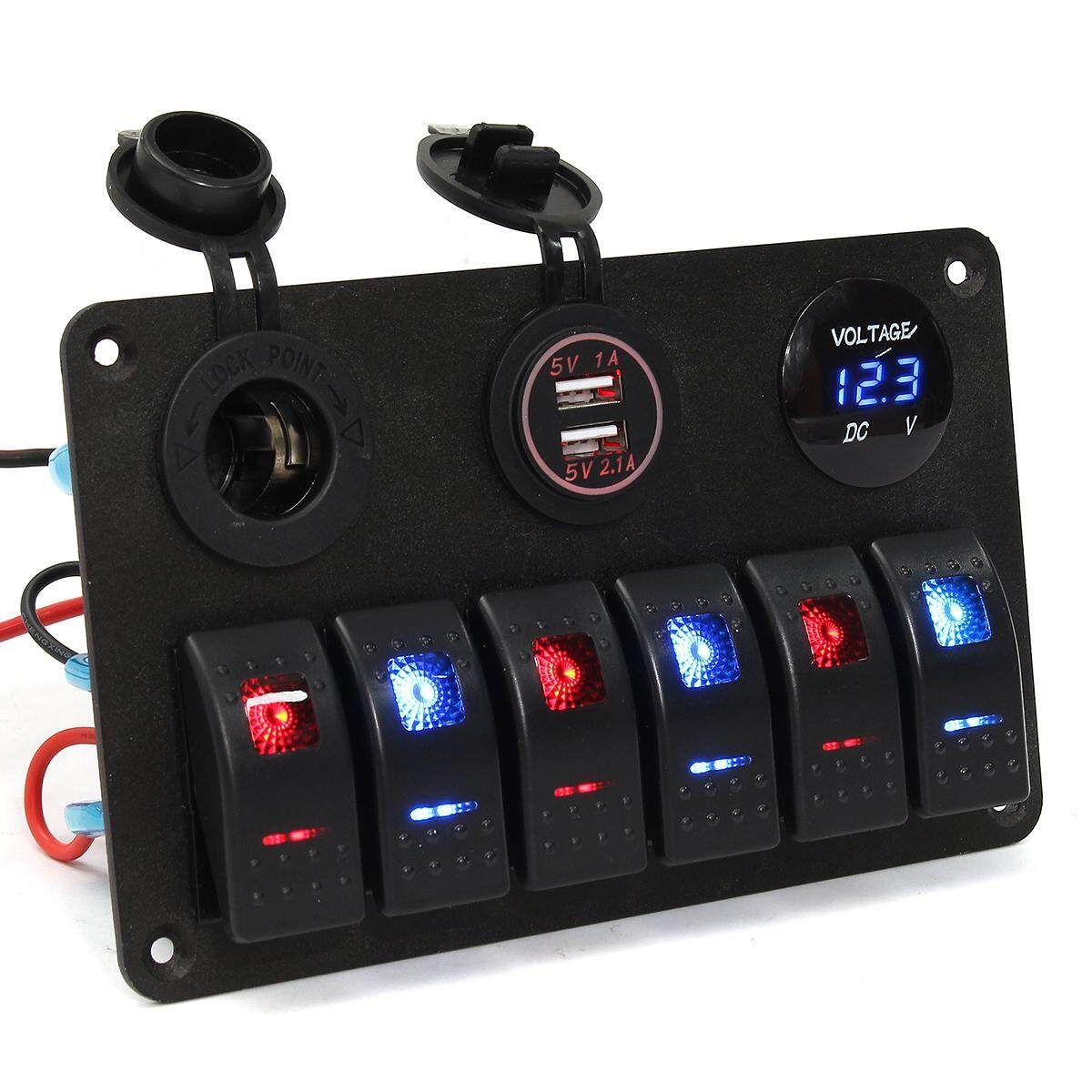 Car Marine Boat 6-Gang Waterproof Circuit Multi LED Rocker Switch Panel Breaker LED Red   Blue