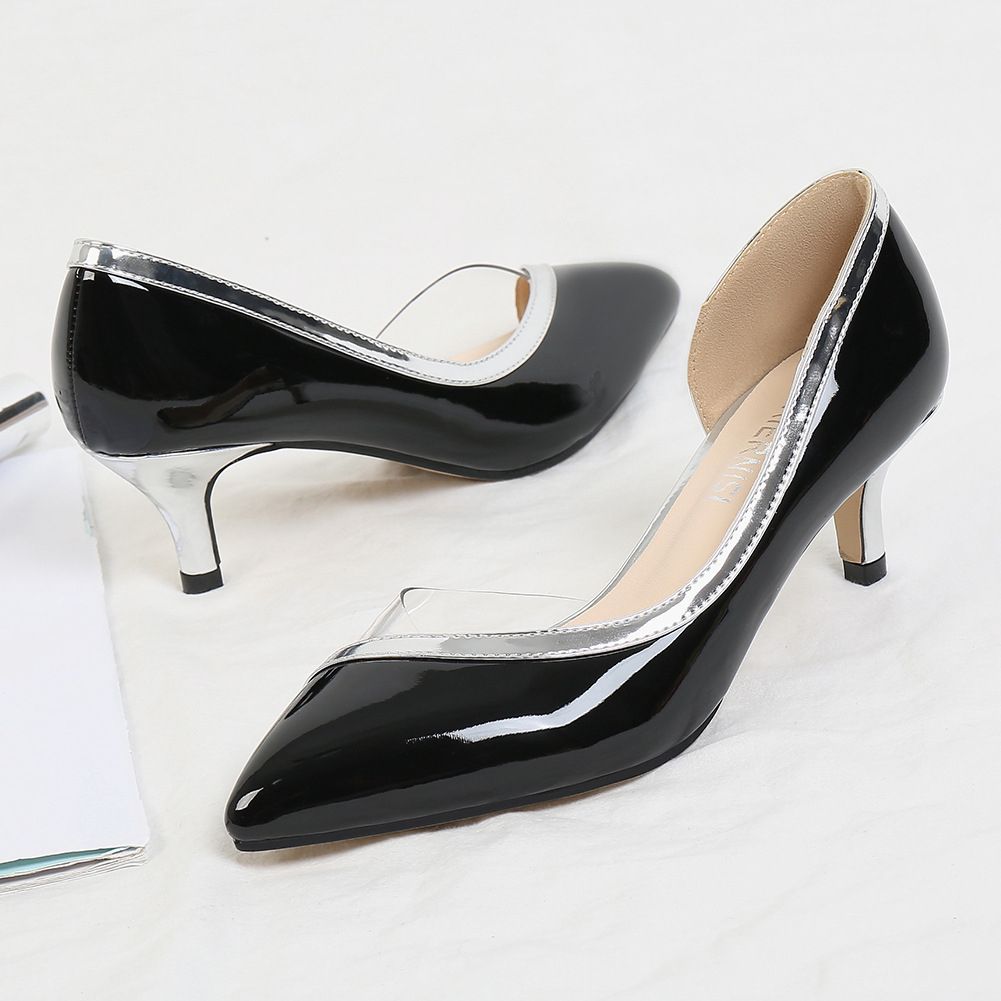 Patent/Transparent Leather Kitten Heels Court Shoes-Black