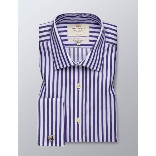 Men's Formal Blue & White Bold Stripe Slim Shirt Double Cuff