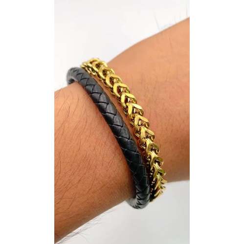 Black Leather Bracelet With Gold Chain Design