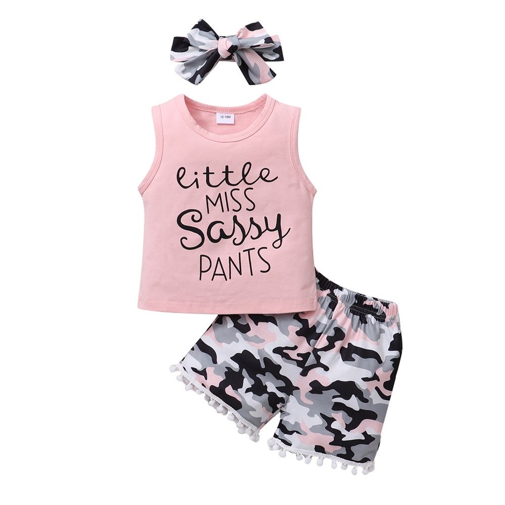 1-5Years Kid Girl Solid Color Sleeveless Tops+Shorts+Headwear