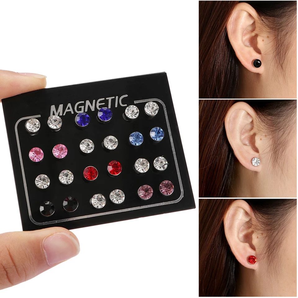 12 Pairs Multicolour Magnetic Round Crystal Rhinestone Men Women Ear Stud Earrings No Piercing