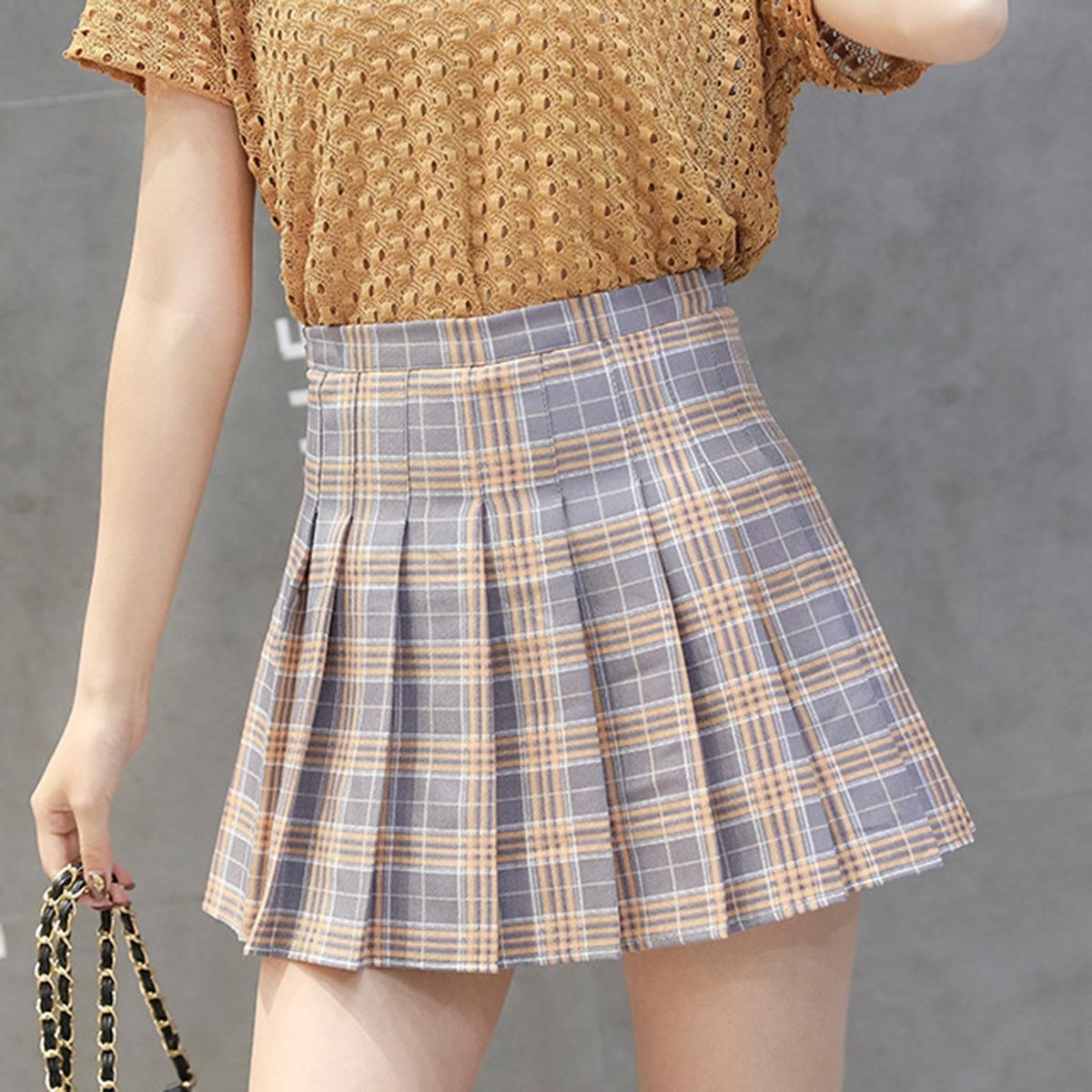 Women Girls High Waisted Pleated Skirt Skater Tennis Grey