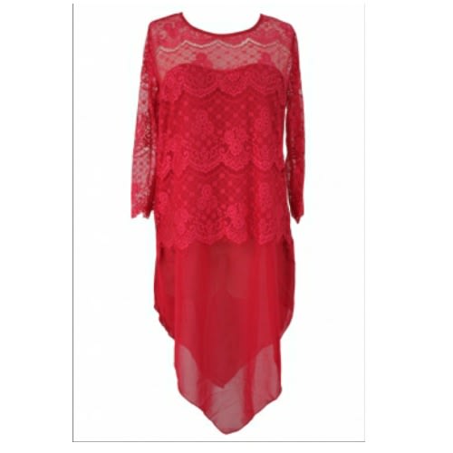 Lace Overlay Asymmetric Chiffon Blouse - Red