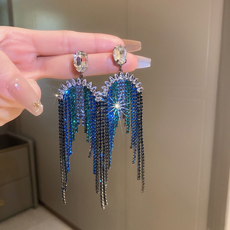 Trendy Blue Red Rhinestone Tassel Earrings For Women Statement Jewelry Shine