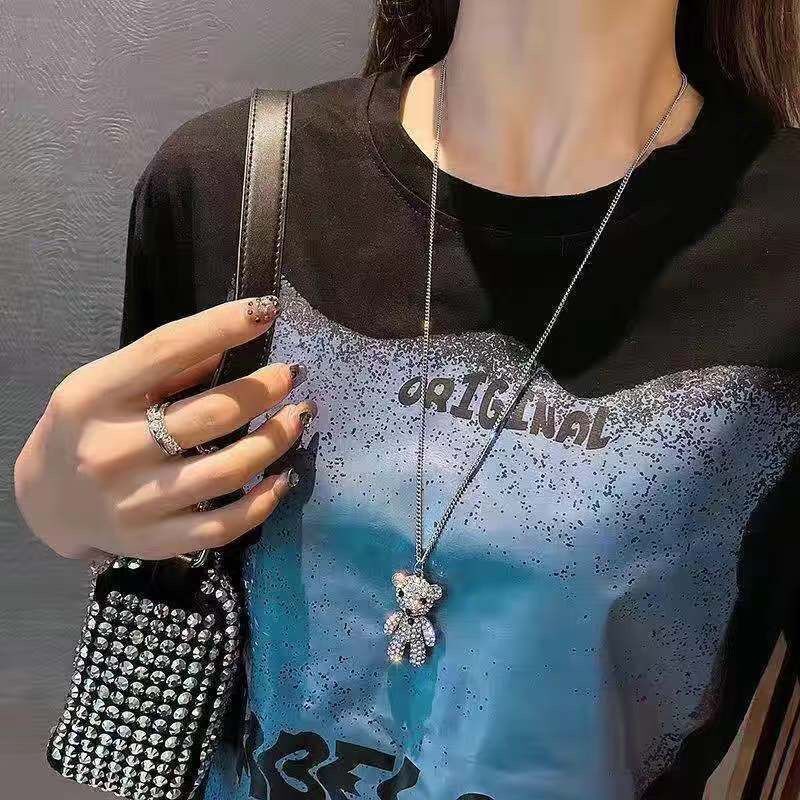 Hip Hop Cute Full Diamond Bear Pendant Long Necklace