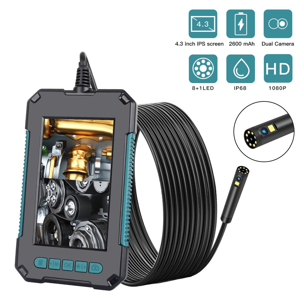 Camera With Screen Car Video Endoscope Dual Camera Boroscope  Flexible Camera Sewer Drain  Engine HD Lens-Green-8mm