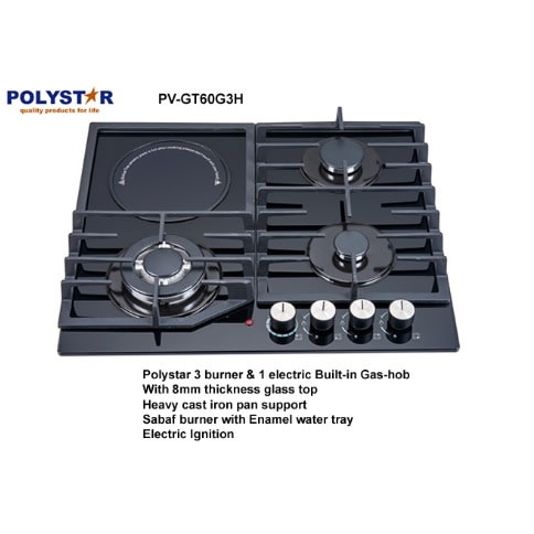 Pv-gt60g3h - 8mm Glass Cooktop Iron Cast - 3 Gas 1 Electric