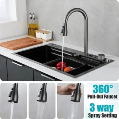 Multifunctional Smart Kitchen Sink With Pullout Faucet + Cup Press