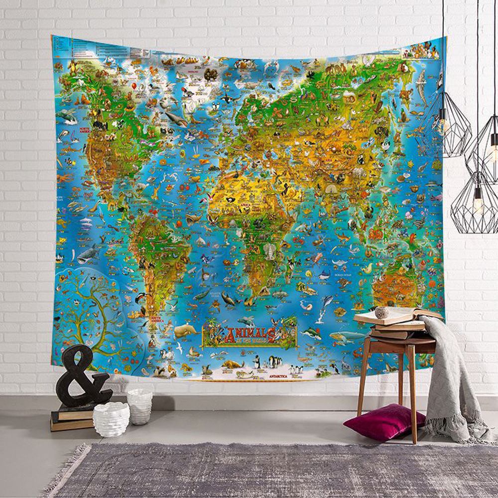 Children Bedroom Animals Of World Map Wall Hanging Tapestry