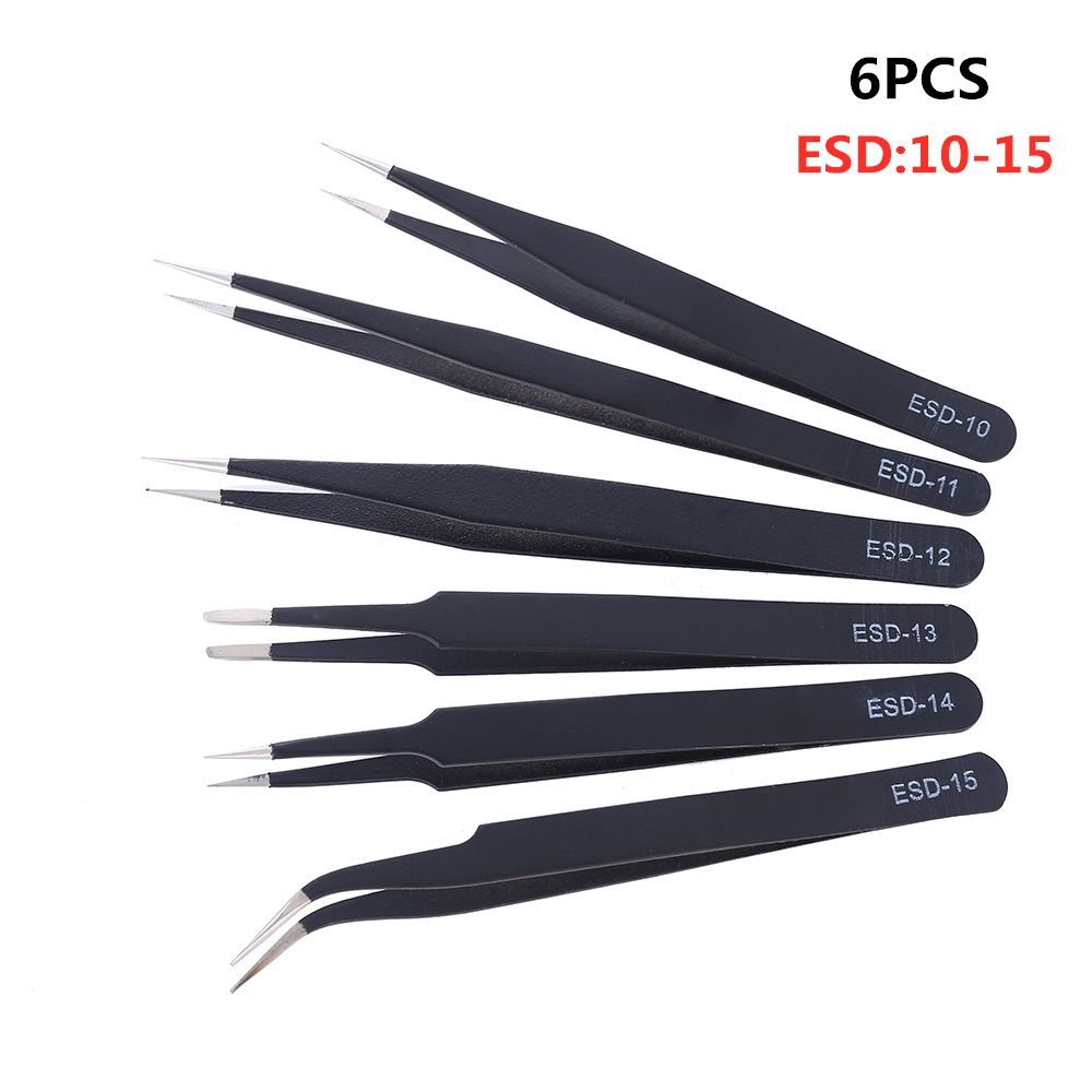 6Pcs Anti-Static Esd Stainless Steel Tweezers Set 1.5mm High Precision Tip Curved Straight Tweezer Multifunction Nipper Repair-Precision Style