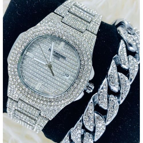 Stone Iced Men"s Wristwatch Witch Hand Chain - SIlver