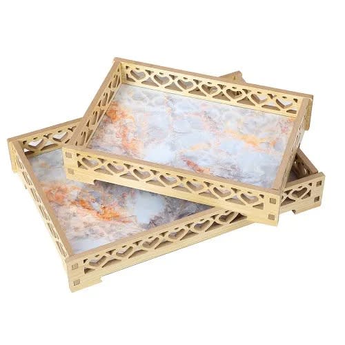 Set Of Carved Wooden Decorative Tray - 2 Pieces