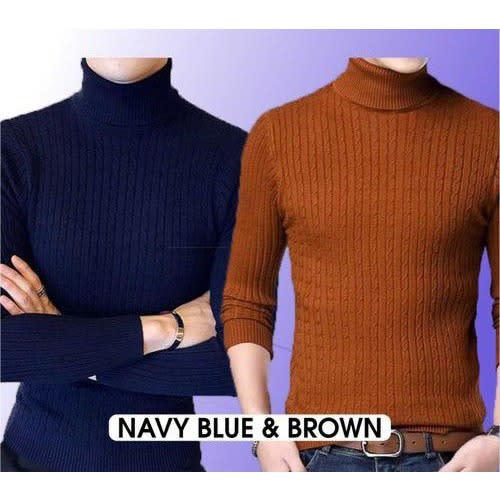 Turtle-neck Top - 2pcs - Navy Blue & Brown