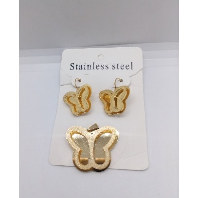 Frosted Butterfly Hoop Earrings And Pendant Set - Gold