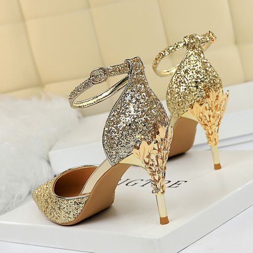 Ladies Heel Metallic Carved Sequins Sexy Sandals Gold