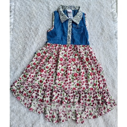 Sleeveless Denim Floral Print Hem Low Dress