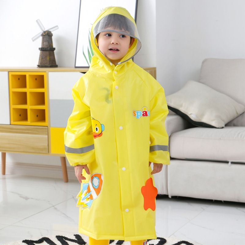 Large Hat Brim Cartoon Print Children Raincoat With Schoolbag Seat-Yellow