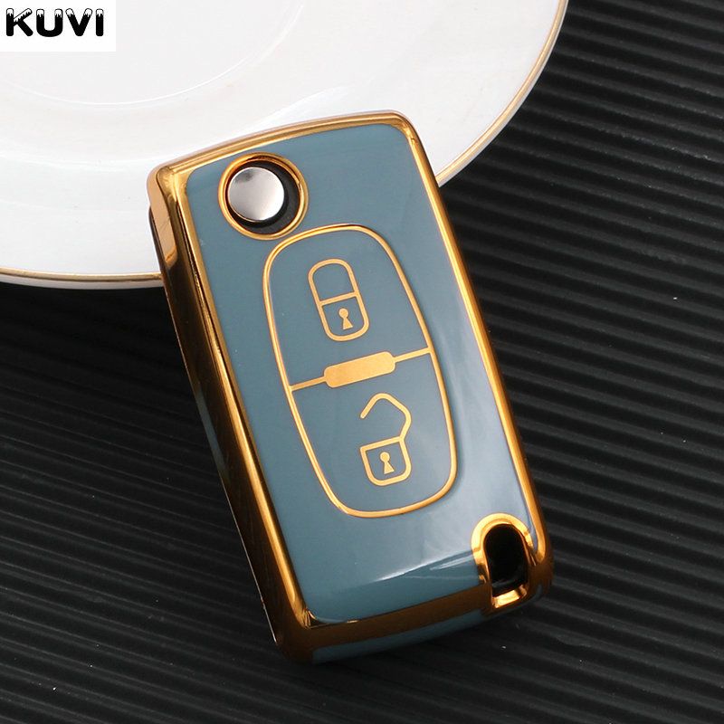 TPU Car Key Fob Case Cover Protector For Peugeot 107 206 207 307 308 406 For-2 Button Grey