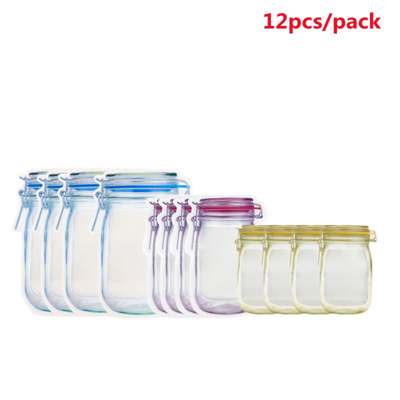 12pcs/pack Reusable Mason Jar Bottles Bags Set Jar Shaped Air Tight Pouch Zip Lock Seal Fresh Food Storage Bag Kitchen Organizer-B