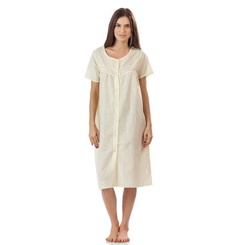 Women' Eyelet Embroidered Night Gown Robe For Breast Feeding Mums- Yellow