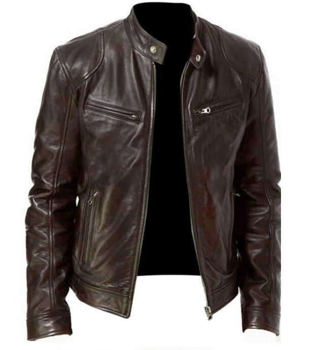 Mens Leanther Jackets Lightweight Zipper Coats Casual Bomber Warm - Brown