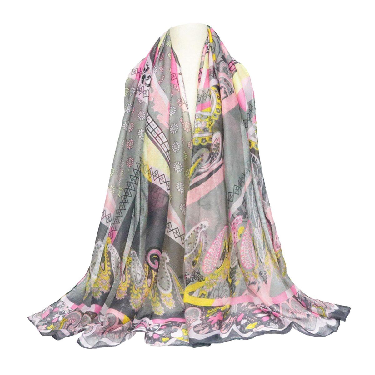 Voile Scarf Women Ethnic Style Wrap Printed Cotton-Grey
