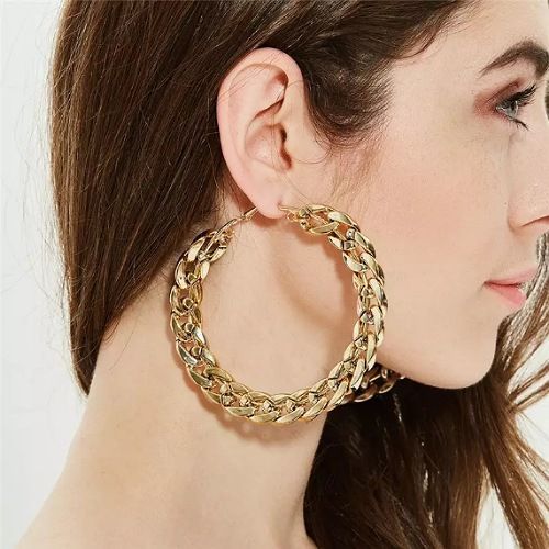 Cuban  Link Hoop Tacha Round Gold  Earrings.