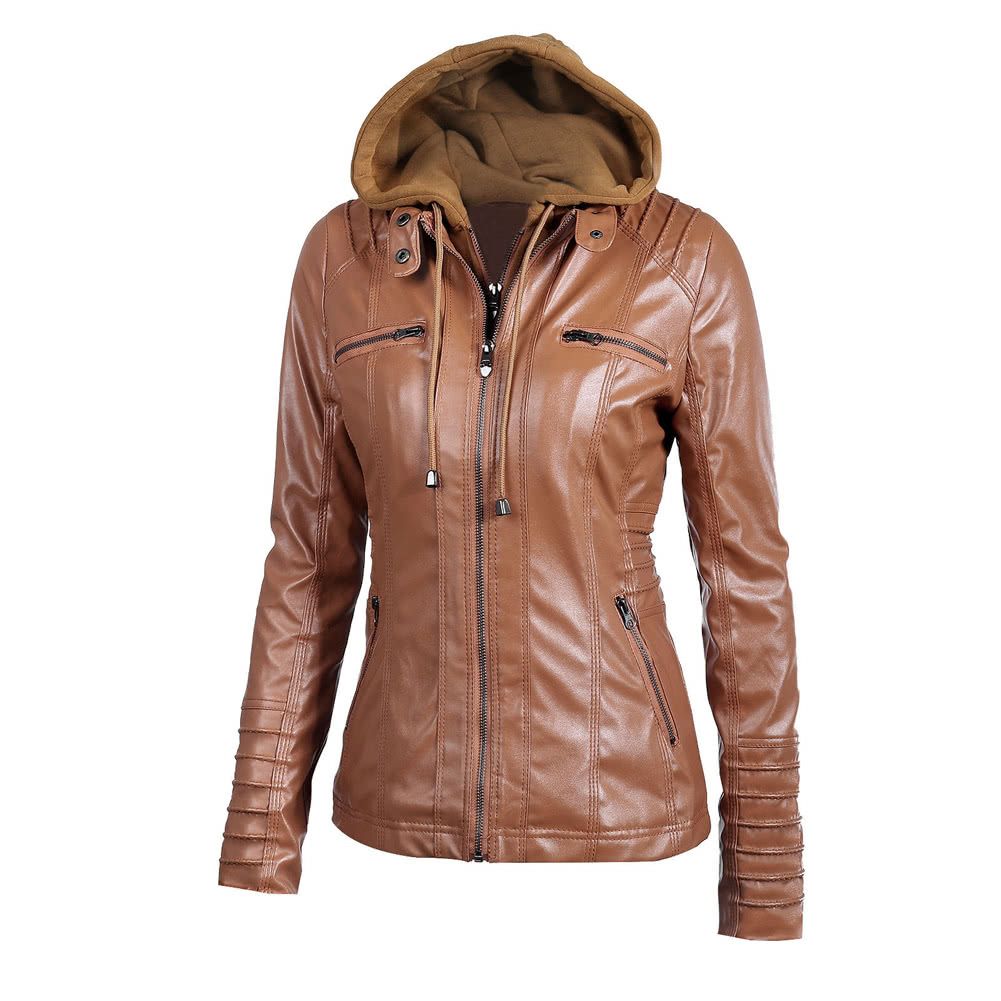 Women's Faux Leather Hooded Jacket Zippered Hoodie Short Slim Motorcycle Jacket Coat-brown
