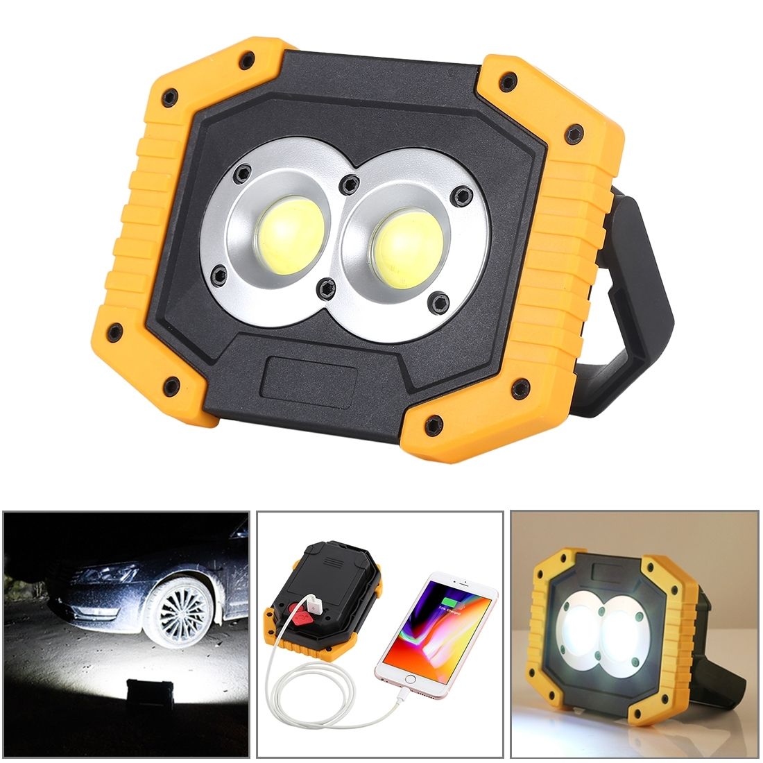 30W White Light 2 X Round COB LED Working Light, 2 X 18650 Or 4 X AA Batteries Powered Outdoor Emergency Lamp Spotlight With Holder