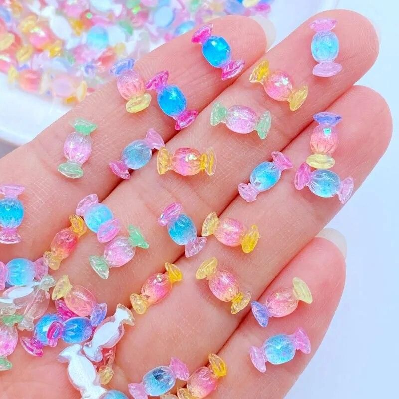 50Pcs New Cute Mini 4*10mm Shiny Candy Resin Figurine Crafts Flatback Ornament Jewelry Making Hairwear Manicure Accessories