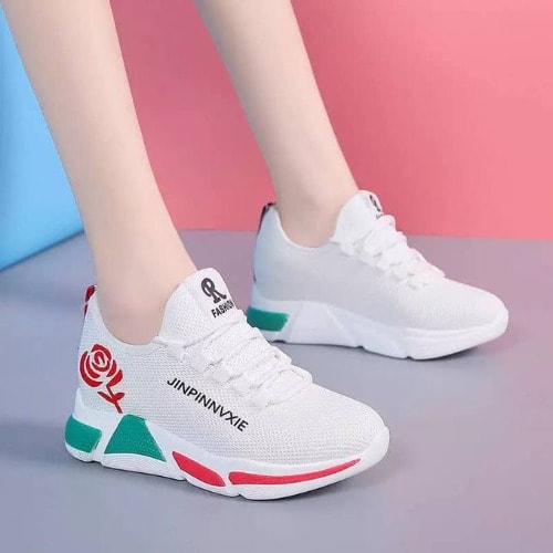 Ladies Classic Casual Fashion Sneakers With Cute Flower - White