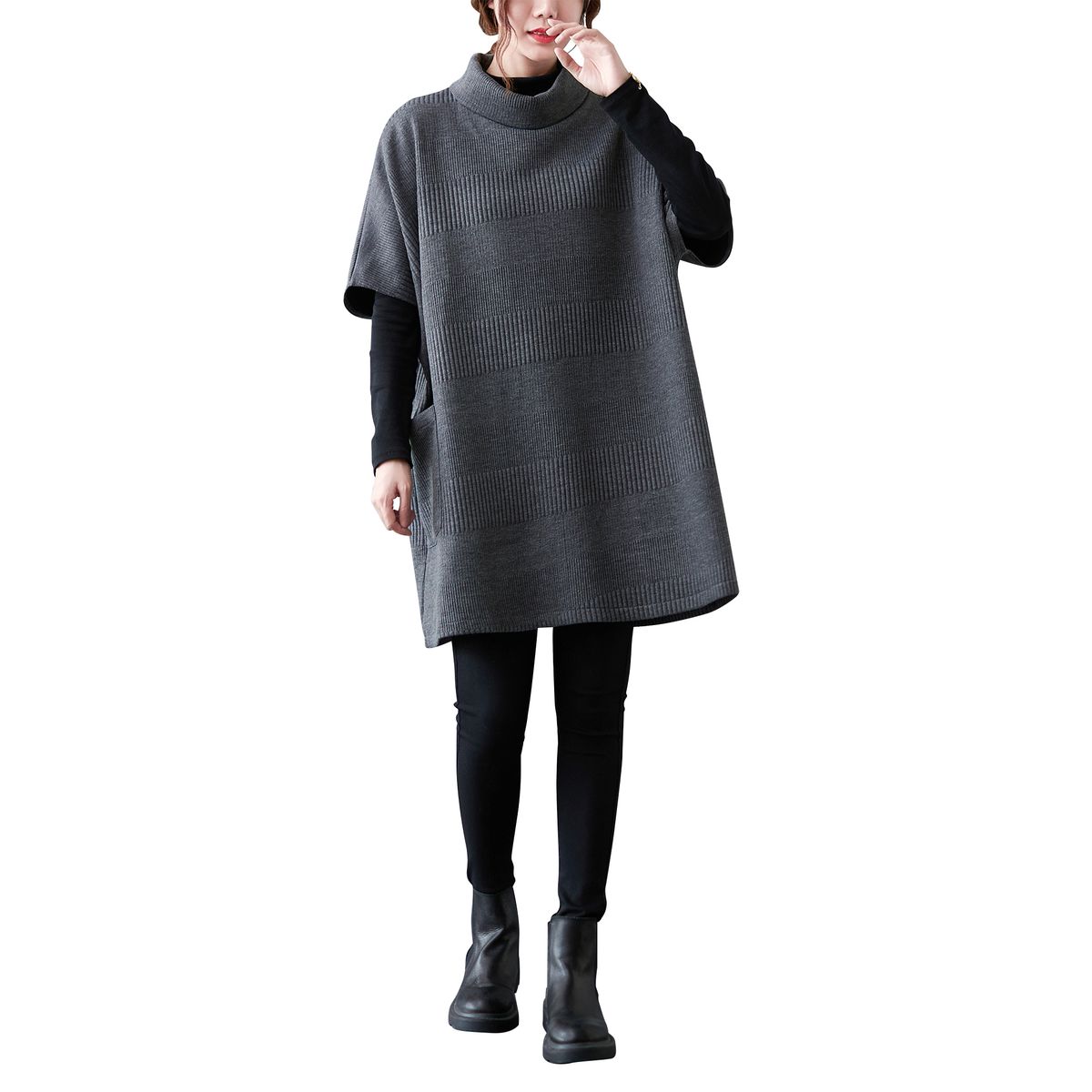 Women Sweater With Pocket Turtleneck Half Sleeves