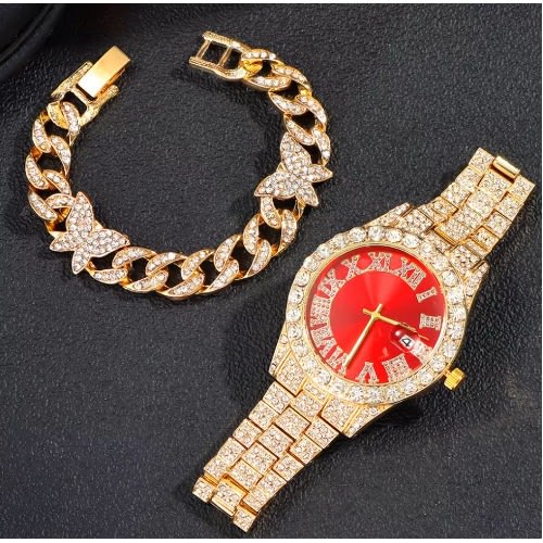 Iced Out Silver Bling Analog Watches And Cuban Link Bracelet
