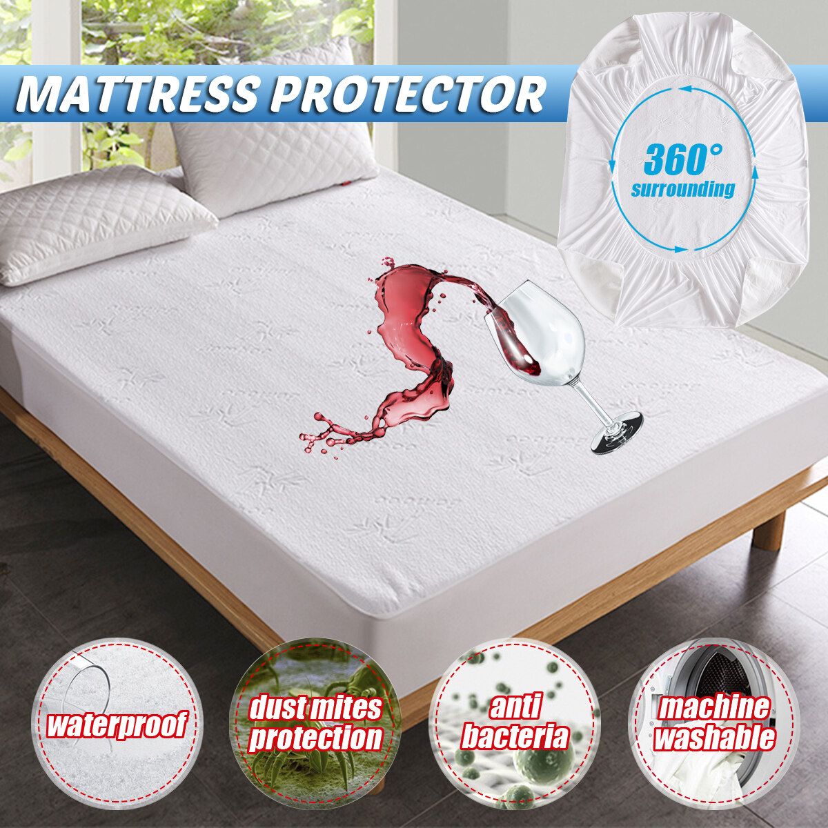 Waterproof Bamboo Jacquard Mattress Topper Protector Cover Pad Hypoallergenic Against Dust Mites Bacteria 180x200+46cm