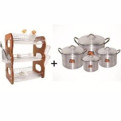3 Layers Wooden Plate Rack With 4 Set Of Tower Pot Bundle