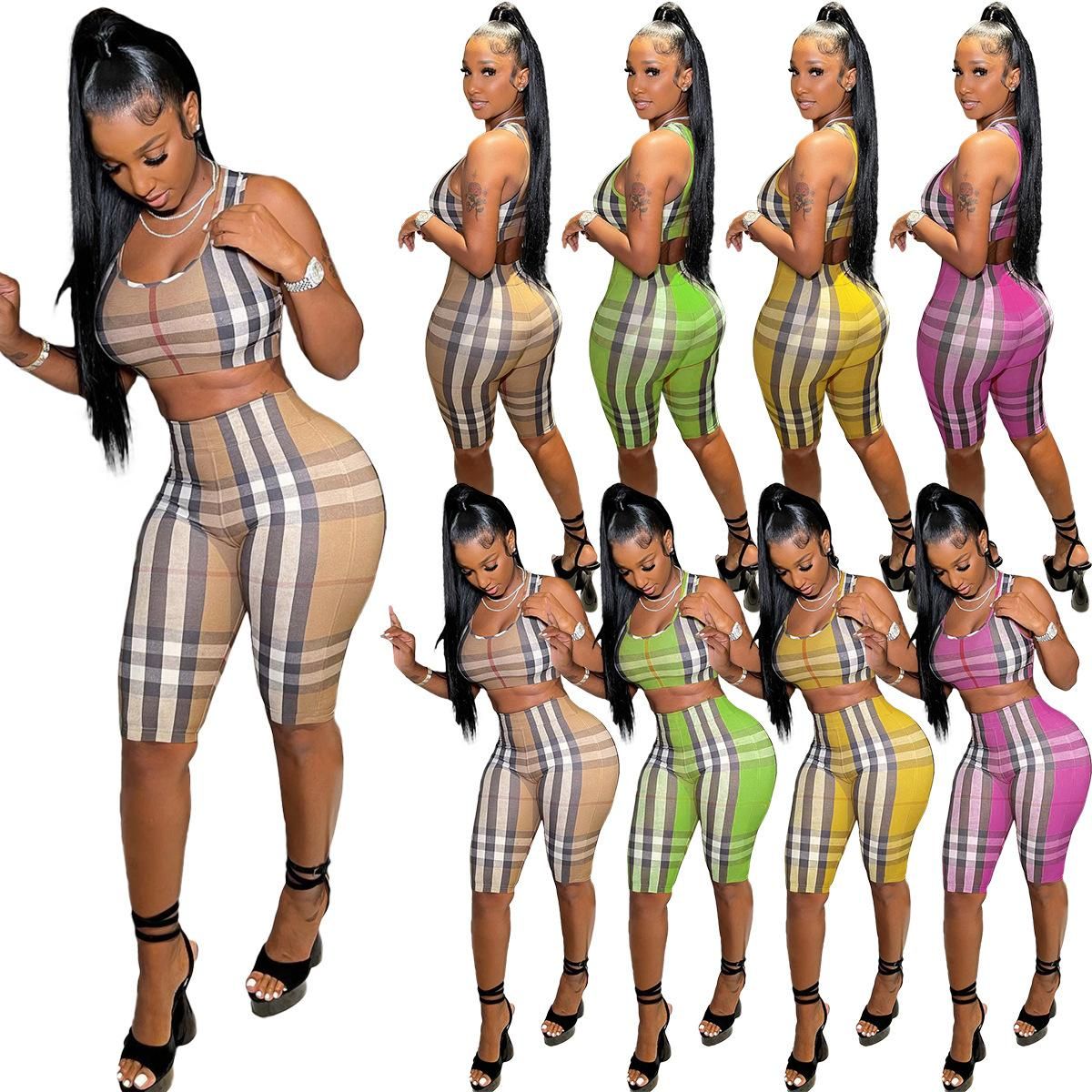 Hm6613 New Hot Sale Urban Style Plaid Positioning Printing Leisure Sports Two-Piece Set