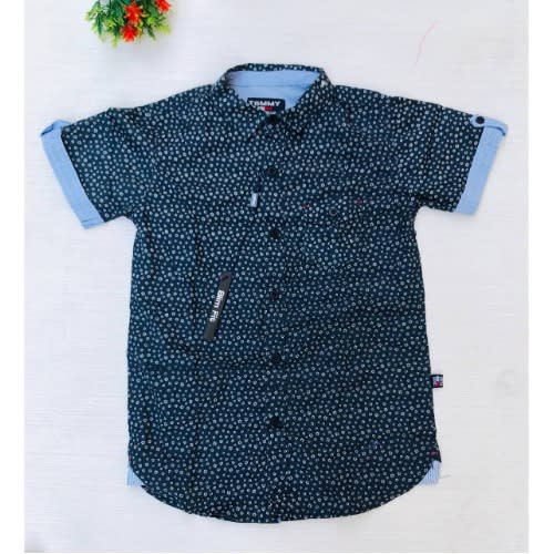 Plaid Boys Short Sleeve Button Down Shirt -Blue Circle Print