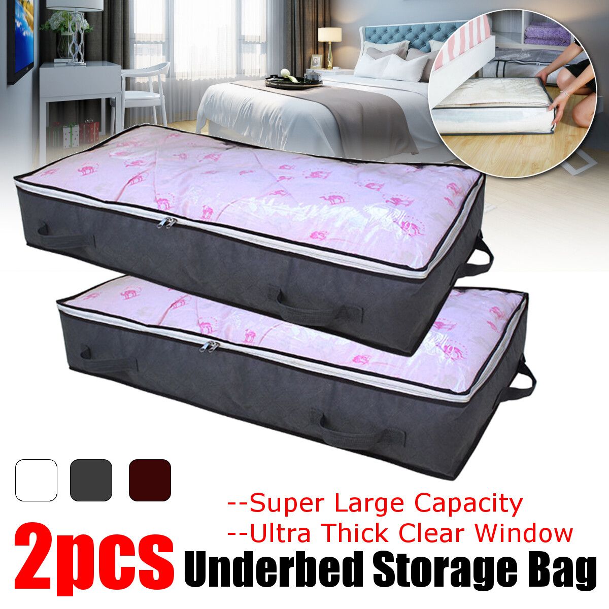 2Pcs Under Bed Storage Bag Containers Comforter Blanket Clothes Zipper Grey