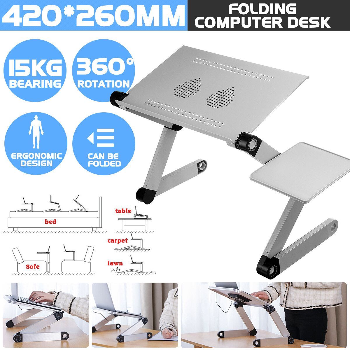 Foldable Laptop Desk Table Fans Stand Portable Desk Bed Sofa Tray Lazy Bed Desk Double Fans