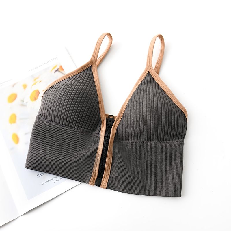 Women Non-wired Sexy Sports Bras Girls Deep V Zipper Underwear Elasticity Vest