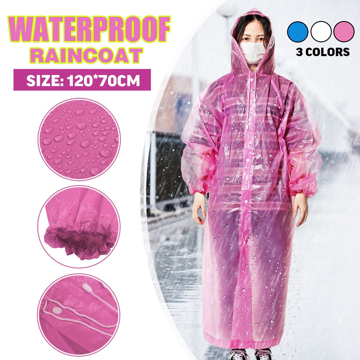 Adult Unisex Raincoat Emergency Waterproof Rain Hood Travel Camping Hiking Rainwear Pink