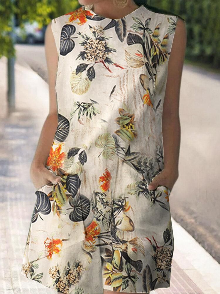 Cotton Plant Print Pocket Sleeveless Casual Print Dress