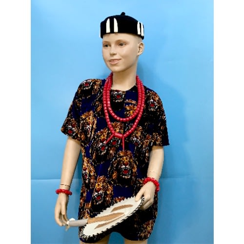 Children Boys Igbo Ibo Cultural Wear Set- Beads, Black Cap, Fan And Velvet Isiagwu- Royal Blue